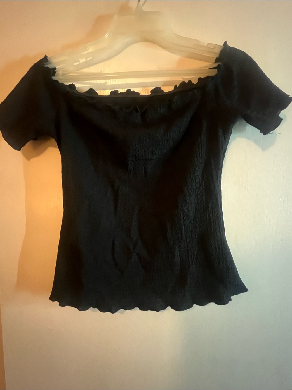 Black Off-Shoulder Ruffle-Trim Crop Top